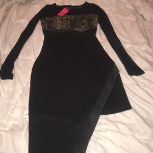 Black and Gold Mesh Long sleeve side split Dress
